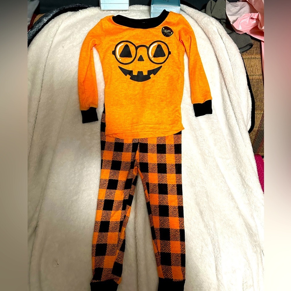 🎃Kids Sleep Orange Black Pumpkin Face 2T Pajama Pant And Shirt Set​​